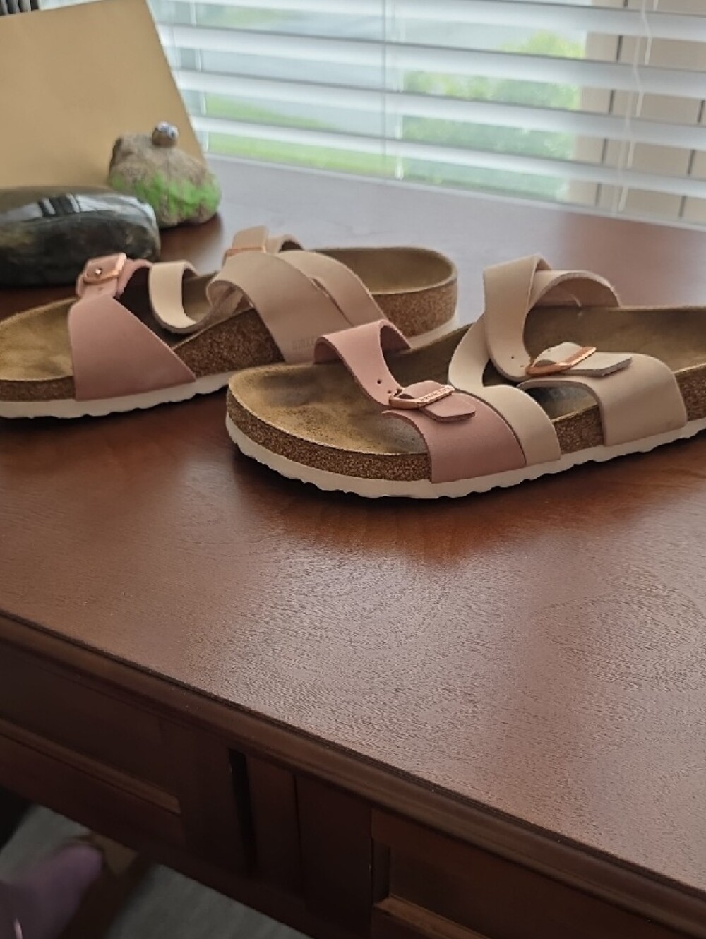 Birkenstock Two-Tone Pink and Cream Suede Sandals with Rose Gold Buckles - Picture 2 of 6